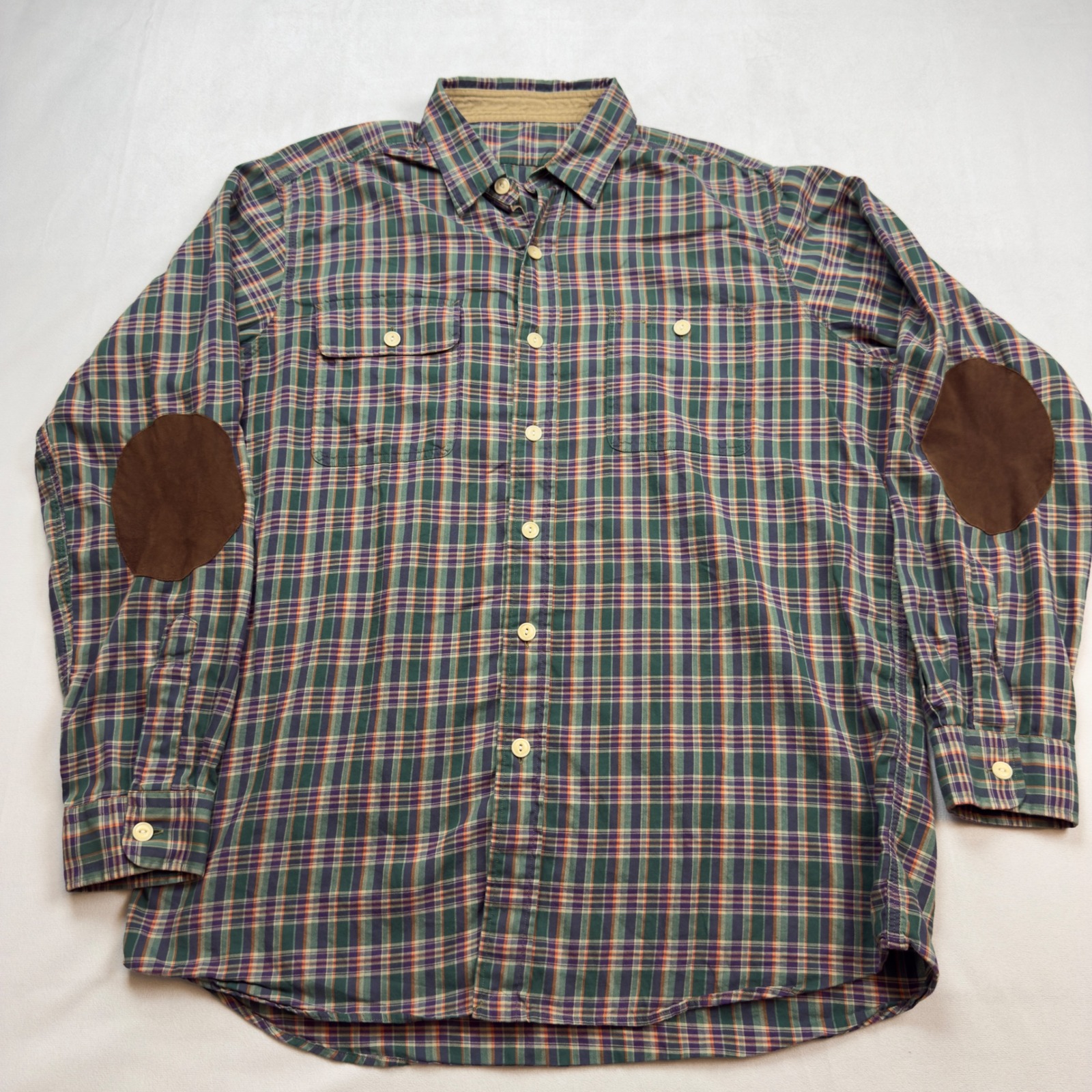 Vtg Polo Country Ralph Lauren Plaid Suede Elbow Patch Button Down Shirt Men L